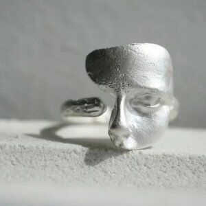 Abstract Silver Face Ring Modern Art Statement Adjustable
